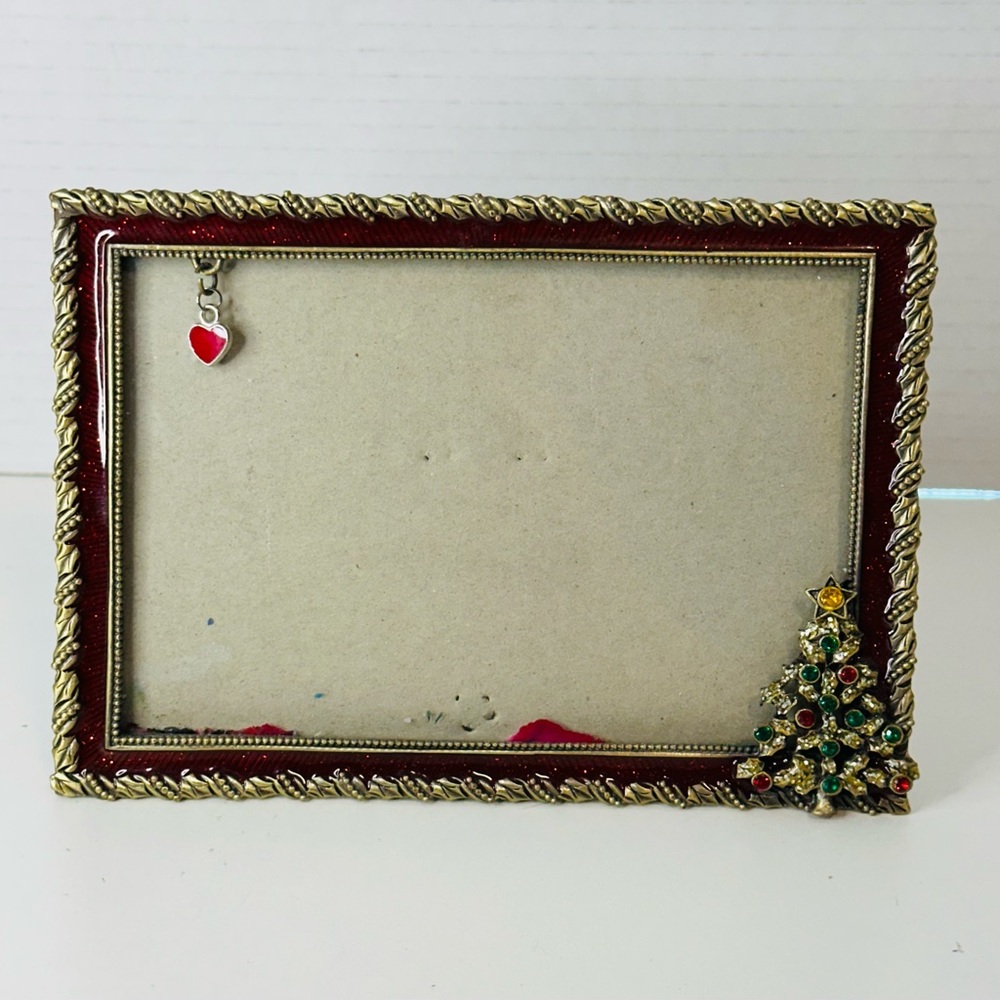 Red Enamel & Antique Brass Gold Metal With Jeweled Christmas Tree Picture Frame